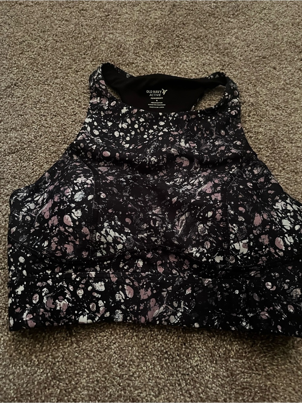 Old Navy Active Black Sports Bra with Pink & White Abstract Print